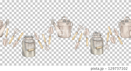 Gray watering cans, small tools, and garden forks arranged in seamless border watercolor illustration. Ideal for borders on packaging, planner spreads, labels, and gardening invites 129737102