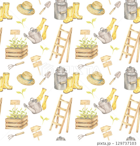 Crates, gloves, trowels, ladders, boots, and watering cans painted in soft tones form a seamless pattern watercolor illustration. Gardening clipart Excellent for eco printables, branding, or fabrics 129737103