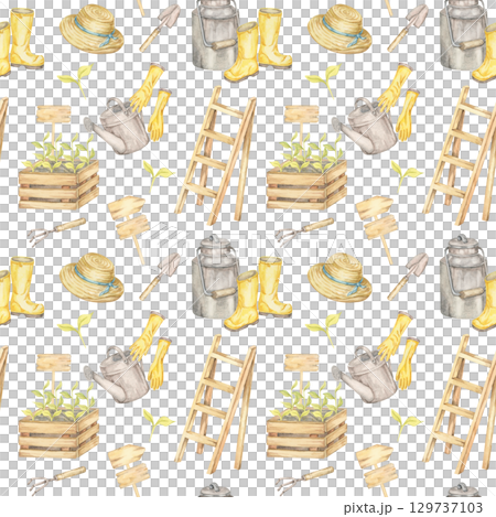 Crates, gloves, trowels, ladders, boots, and watering cans painted in soft tones form a seamless pattern watercolor illustration. Gardening clipart Excellent for eco printables, branding, or fabrics 129737103
