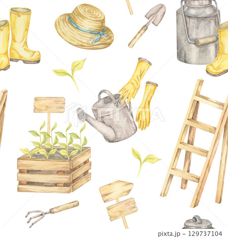 Boots, straw hat, crate with seedlings, gloves, trowels, and watering cans in watercolor illustration seamless pattern. Gardening clipart for packaging, planner layouts, or eco lifestyle branding 129737104