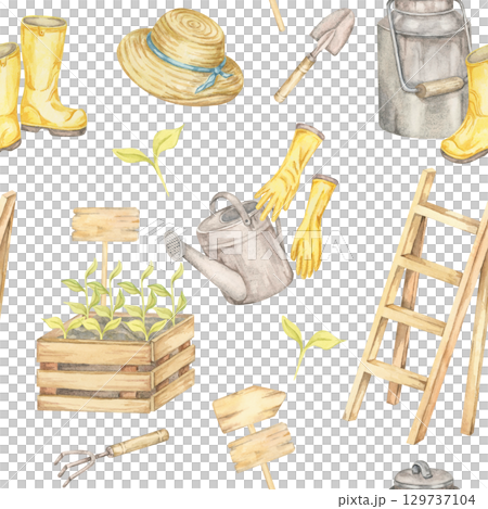 Boots, straw hat, crate with seedlings, gloves, trowels, and watering cans in watercolor illustration seamless pattern. Gardening clipart for packaging, planner layouts, or eco lifestyle branding 129737104