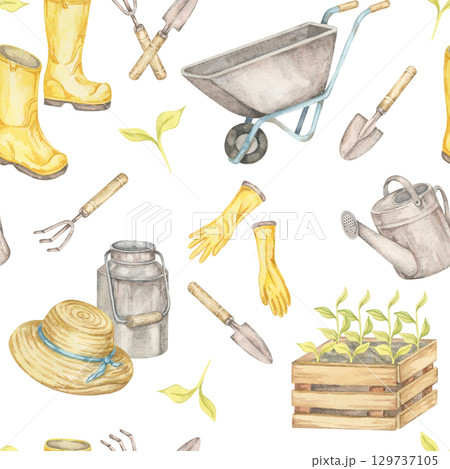 Wheelbarrow, gloves, seedlings, boots, watering cans, and hats in light colors create a seamless pattern watercolor illustration. Clipart Ideal for garden decor prints, textiles, or DIY crafts 129737105