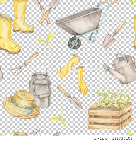 Wheelbarrow, gloves, seedlings, boots, watering cans, and hats in light colors create a seamless pattern watercolor illustration. Clipart Ideal for garden decor prints, textiles, or DIY crafts 129737105