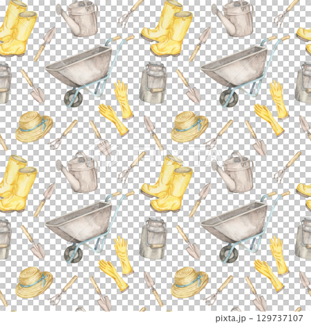 Yellow gloves and boots, straw hat, trowels, watering cans, and wheelbarrows form a light seamless pattern watercolor clipart. Great for gardening product packaging, paper crafts, or planner covers 129737107