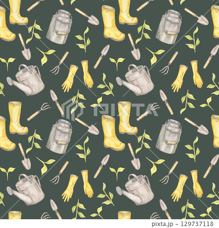 On dark green, yellow gloves, boots, gray cans, and metal tools form a seamless pattern watercolor clipart. Great for gardening fabric, wrapping paper, labels, and digital backdrops 129737118