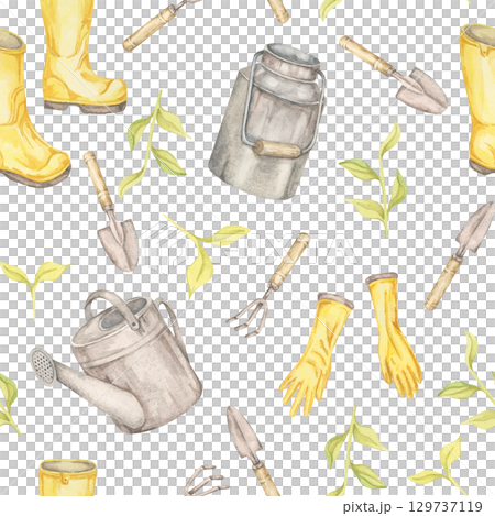 Yellow boots, gloves, trowels, watering cans, and green sprouts in a seamless pattern watercolor clipart. Gardening illustration. Ideal for garden-themed fabrics, packaging, stationery, eco branding Yellow boots, gloves, trowels, watering cans, and green sprouts in a seamless pattern watercolor clipart. Gardening illustration. Ideal for garden-themed fabrics, packaging, stationery, eco branding 129737119