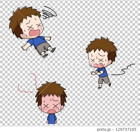 Set of 3 illustrations of boys suffering from severe heatstroke Set of 3 illustrations of boys suffering from severe heatstroke 129737285