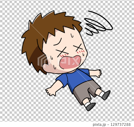 Illustration of a boy losing consciousness due to heat 129737288