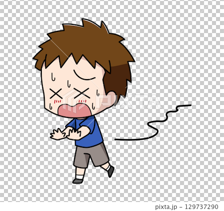 Illustration of a boy who can't walk straight because of the heat 129737290