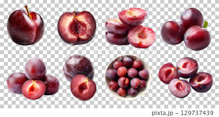 Plum Plums Prune Prunes Prunus fruit, many angles and view side top front heap pile bunch isolated on transparent background cutout, PNG file. Mockup template for artwork graphic design 129737439