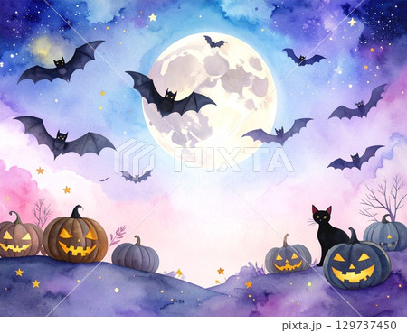 淡いパステル調の水彩画風ハロウィン背景　満月とコウモリとかぼちゃ金色アクセントの大人かわいいイラスト 129737450