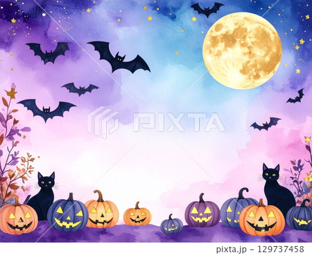 淡いパステル調の水彩画風ハロウィン背景 満月とコウモリとかぼちゃ金色アクセントの大人かわいいイラスト 淡いパステル調の水彩画風ハロウィン背景 満月とコウモリとかぼちゃ金色アクセントの大人かわいいイラスト 129737458