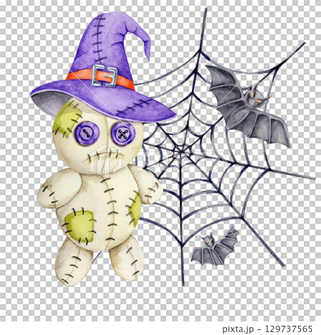 Green-patched voodoo doll in purple hat next to spider web and flying bats. Watercolor illustration for seamless pattern use in Halloween scrapbooking, labels, or decor Green-patched voodoo doll in purple hat next to spider web and flying bats. Watercolor illustration for seamless pattern use in Halloween scrapbooking, labels, or decor 129737565