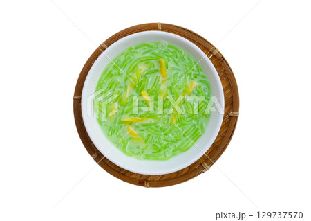 Rice noodles dessert with coconut milk cream 129737570