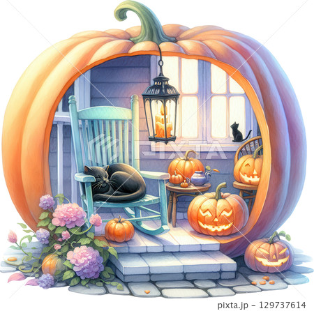Cozy Halloween diorama featuring a cozy porch setting with carved pumpkins a lantern flowers and a cat 129737614