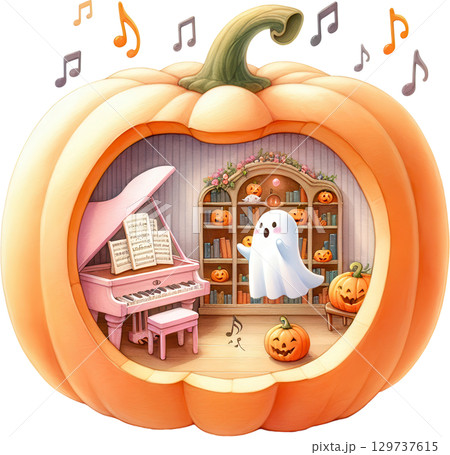 Cozy Halloween diorama scene with a haunting musical atmosphere 129737615