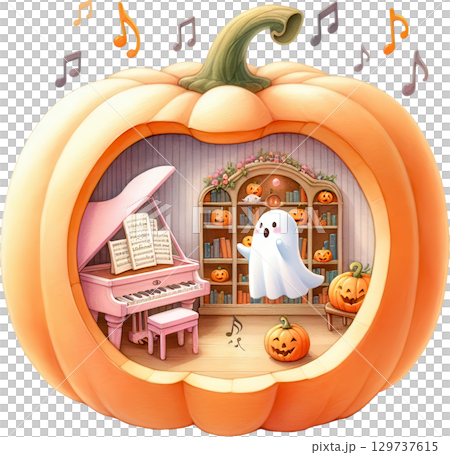 Cozy Halloween diorama scene with a haunting musical atmosphere 129737615