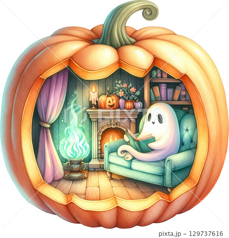 Cozy Halloween diorama with a ghost in a warm festive interior 129737616