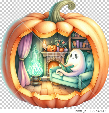 Cozy Halloween diorama with a ghost in a warm festive interior 129737616