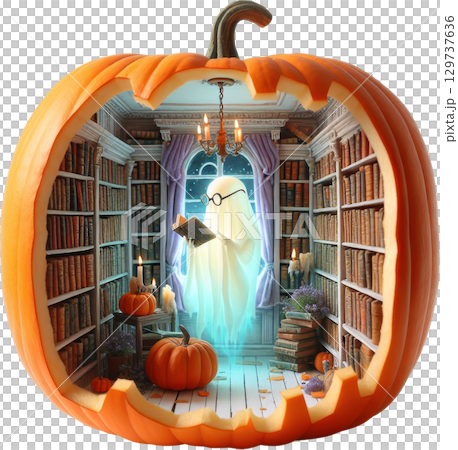 Spooky Halloween library diorama with pumpkins and a ghostly figure 129737636