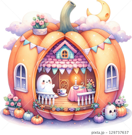 Whimsical Halloween diorama in a pumpkin house 129737637