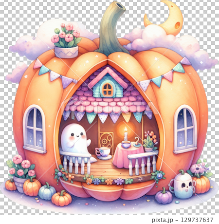 Whimsical Halloween diorama in a pumpkin house 129737637