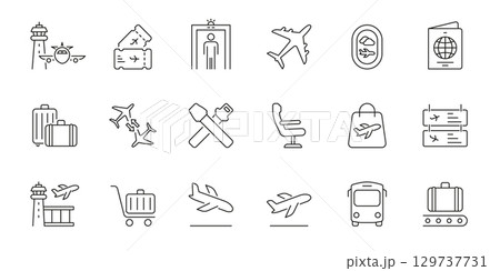 Airport And Air Travel Line Icon Set. Aviation, Security, And Passenger Experience Outline Symbol. Airplane, Luggage, Passport And Boarding Icons. Editable Stroke. Isolated Vector Illustration 129737731
