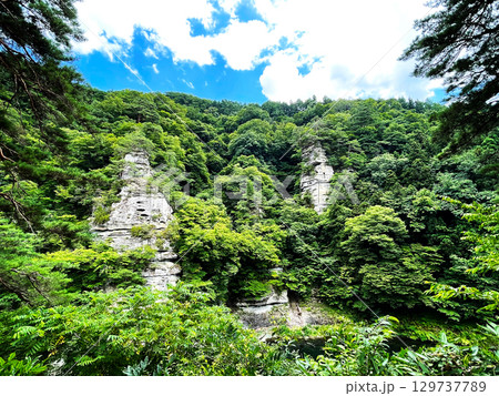 晴れた夏の樹木の緑が美しい塔のへつりの風景1 晴れた夏の樹木の緑が美しい塔のへつりの風景1 129737789