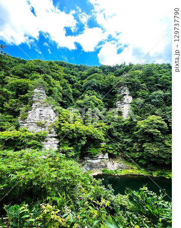 晴れた夏の樹木の緑が美しい塔のへつりの風景2 晴れた夏の樹木の緑が美しい塔のへつりの風景2 129737790