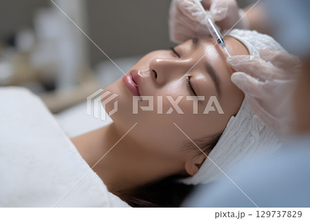 若い女性の額にしわ取りやアンチエイジングのためボトックス注射を行うシーン 129737829