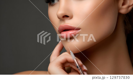 美しい唇のクローズアップ。美容整形・ヒアルロン酸注射を受ける若い女性 129737830
