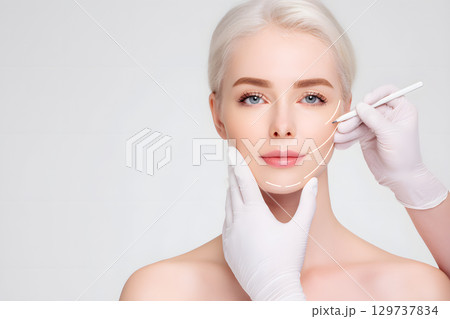 若い女性の美容整形施術。美容外科でのフェイスリフトのマーキングと準備 129737834