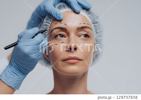 若い女性の美容整形施術。美容外科でのフェイスリフトのマーキングと準備 129737838