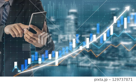 Businessman Analyzing Financial Data on Smartphone with Growing Graph in Background Representing Success and Market Trends in Modern Office Settings Copula Businessman Analyzing Financial Data on Smartphone with Growing Graph in Background Representing Success and Market Trends in Modern Office Settings Copula 129737871