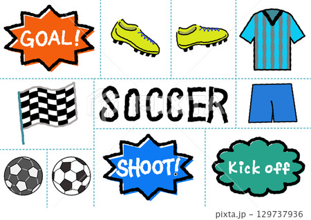 カラフルな手書き風のサッカーのイラストセット カラフルな手書き風のサッカーのイラストセット 129737936