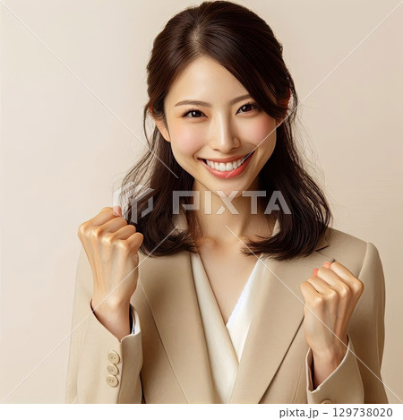 Excited young woman raise hands celebrating lucky win with Generative AI. 129738020