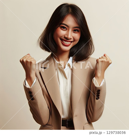 Excited young woman raise hands celebrating lucky win with Generative AI. 129738036