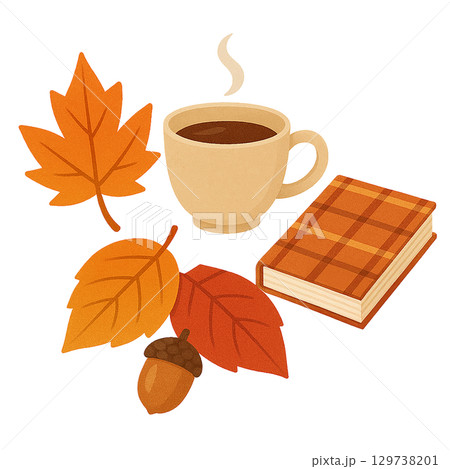 紅葉とコーヒーとドングリと本の秋イラスト　透過切り抜き素材 129738201