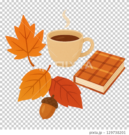 紅葉とコーヒーとドングリと本の秋イラスト　透過切り抜き素材 129738201