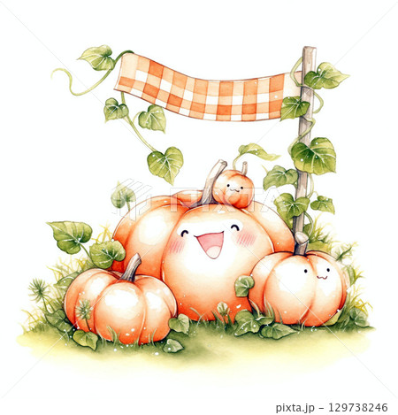 チェック柄の旗と笑顔のカボチャたちの可愛い秋の水彩イラスト チェック柄の旗と笑顔のカボチャたちの可愛い秋の水彩イラスト 129738246