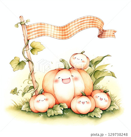 笑顔のカボチャたちとチェック柄の旗が可愛い秋の水彩イラスト 笑顔のカボチャたちとチェック柄の旗が可愛い秋の水彩イラスト 129738248