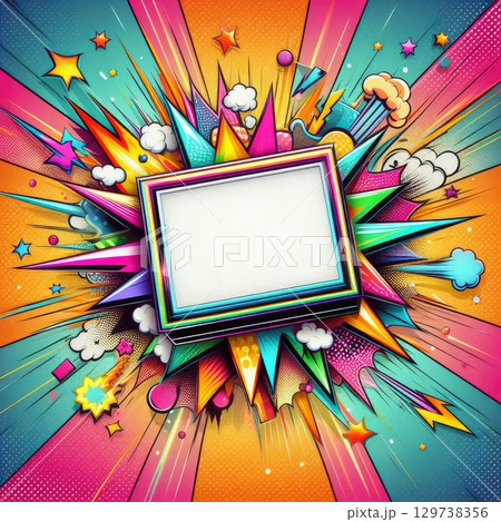 Vibrant Pop Art Frame with Explosion and Stars with Generative AI. Vibrant Pop Art Frame with Explosion and Stars with Generative AI. 129738356