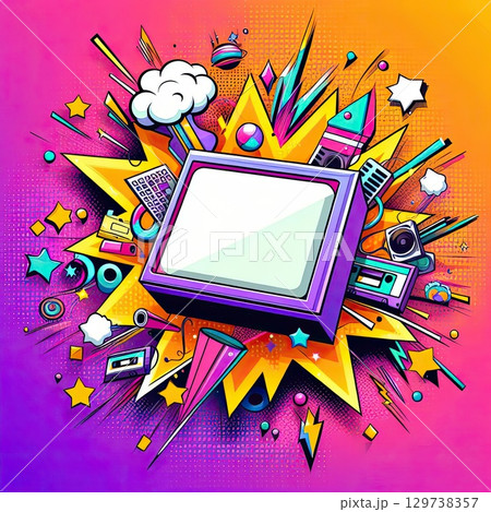 Vibrant Pop Art Frame with Explosion and Stars with Generative AI. 129738357