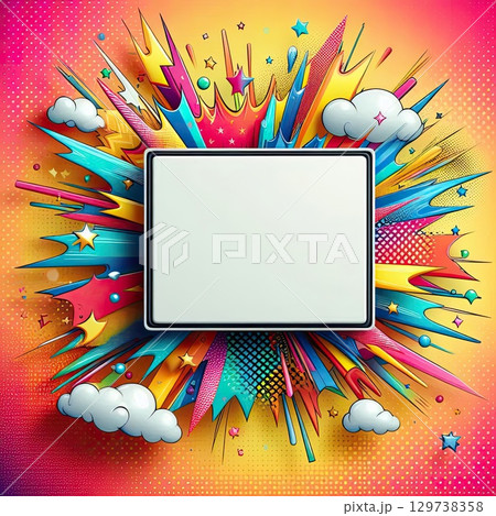 Vibrant Pop Art Frame with Explosion and Stars with Generative AI. Vibrant Pop Art Frame with Explosion and Stars with Generative AI. 129738358
