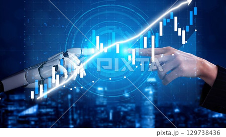 A Futuristic Interaction Between Human Hand and Robot Hand Illustrating Collaboration in Technology and Finance with Rising Graph Display Copula A Futuristic Interaction Between Human Hand and Robot Hand Illustrating Collaboration in Technology and Finance with Rising Graph Display Copula 129738436