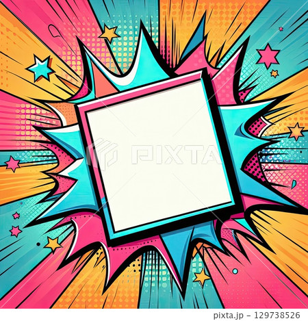Vibrant Pop Art Frame with Explosion and Stars with Generative AI. 129738526