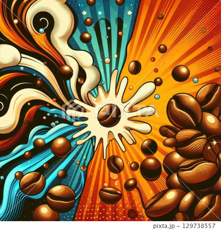 Retro Coffee Explosion: Vibrant Swirls and Beans in Pop Art Style with Generative AI. 129738557
