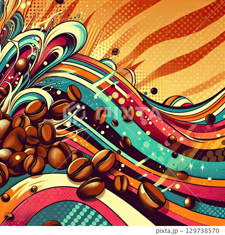 Retro Coffee Explosion: Vibrant Swirls and Beans in Pop Art Style with Generative AI. 129738570