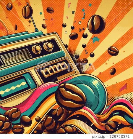 Retro Coffee Explosion: Vibrant Swirls and Beans in Pop Art Style with Generative AI. 129738571