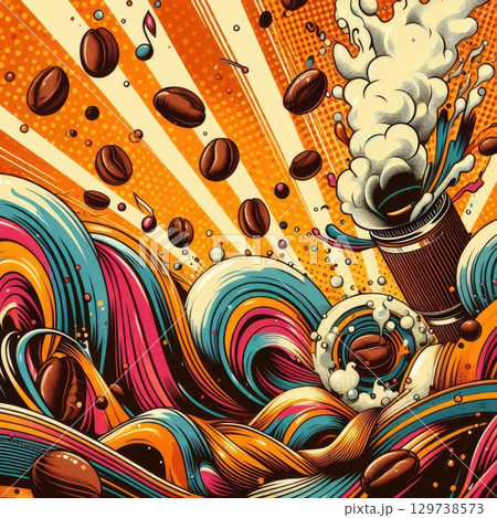 Retro Coffee Explosion: Vibrant Swirls and Beans in Pop Art Style with Generative AI. 129738573